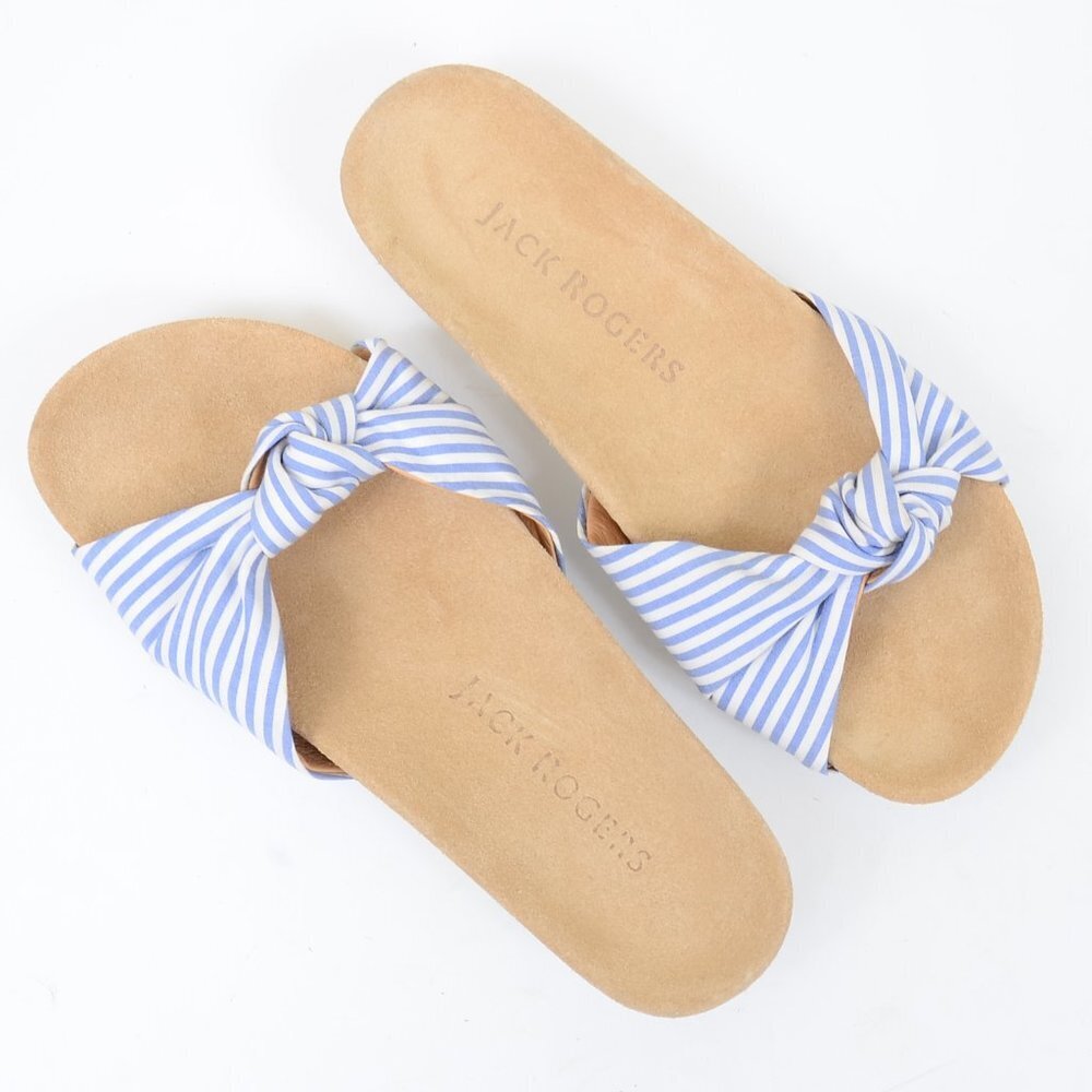 JACK ROGERS Phoebe Knotted Comfort Slide Sandals - White Stripe Fabric Size 7